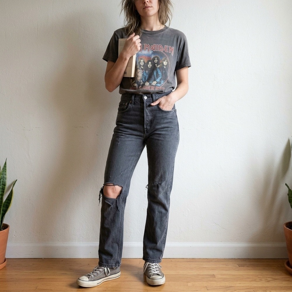 RE/DONE Originals High Rise Stove Pipe Pants 26 Black Distressed Grunge Edgy
